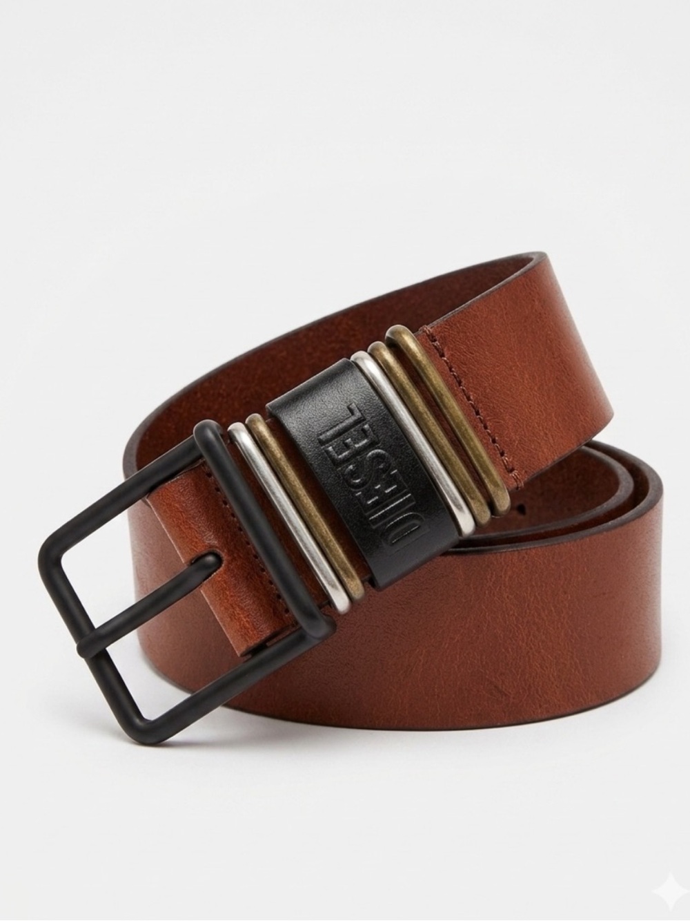 DIESEL Caramel Tan Cowhide Leather Belt TriTone Buckle US38 EU95